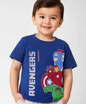 Babyhug Marvel 100% Cotton Knit Half Sleeves T-Shirt with Avengers Graphics- Navy Blue