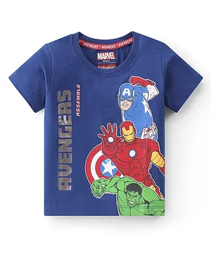 Babyhug Marvel 100% Cotton Knit Half Sleeves T-Shirt with Avengers Graphics- Navy Blue