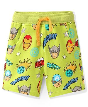 Babyhug Marvel Cotton Terry Knit Shorts Avengers Print - Lime Green