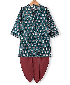 Babyhug 100% Cotton Woven Full Sleeves Kurta & Dhoti Set With Ikat Print - Green & Maroon