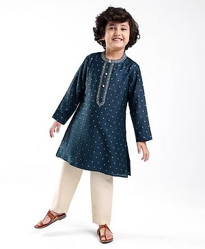 Babyhug Woven Full Sleeves Kurta & Pyjama Set With Foil Print - Navy Blue