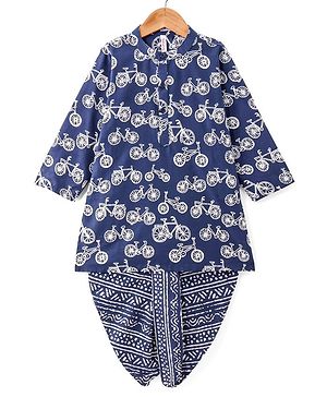 Babyhug 100% Cotton Woven Full Sleeves Kurta & Dhoti Set With Cycle Print - Indigo