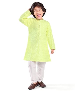 Babyhug Woven Full Sleeves Embroidered Kurta & Pyjama Set - Lime Yellow