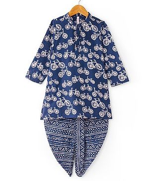 Babyhug 100% Cotton Woven Full Sleeves Kurta & Dhoti Set With Cycle Print - Navy Blue