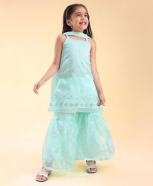 Babyhug Woven Sleeveless Kurti & Salwar Set with Dupatta with Floral Print & Embroidery Detailing - Aqua Blue