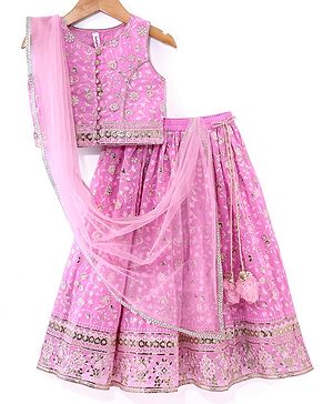 Babyhug Woven Sleeveless Net Sequined Embroidered Choli Lehenga & Dupatta Set - Pink