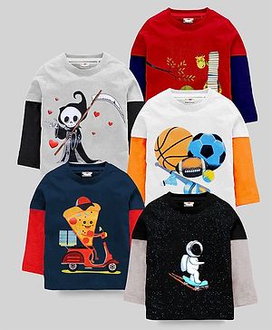 KUCHIPOO Pack Of 5 Doctor Full Sleeves Balls & Astronaut Printed Tees - Multi Colour