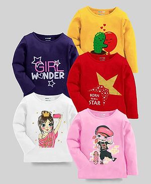 KUCHIPOO Pack Of 5  Full Sleeves Star Text & Girl Printed Tees - Multi Colour