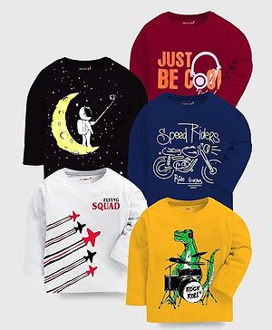 KUCHIPOO Pack Of 5 Full Sleeves Astronaut & Dinosaur Printed Tees - Multi Colour