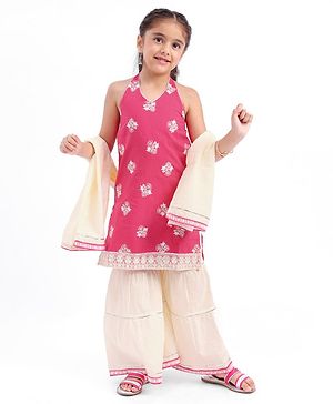 Babyhug Woven  Sleeveless Floral Embroidered Halter Neck Chanderi Kurti Palazo Set with Dupatta - Pink