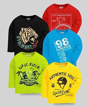 KUCHIPOO Pack Of 5 Full Sleeves Tiger & Bicycle Printed Tees - Multi Colour