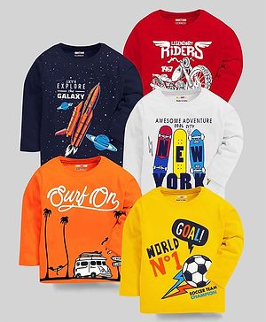 KUCHIPOO Pack Of 5 Full Sleeves Skateboards & Space Rocket Printed Tees - Red Orange & Yellow