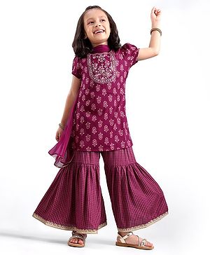 Babyhug Rayon Slub Woven Half Sleeves Embroidered Kurti Palazzo & Dupatta with Floral Print -Magenta