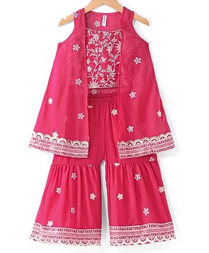 Babyhug Sleeveless  Top With Sharara & Floral Embroidered Jacket Set - Pink