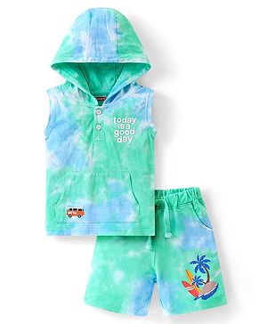 Babyhug Single Jersey Knit Sleeveless Tie Dyed Hooded T-Shirt And Shorts Set Palm Tree Print - Green