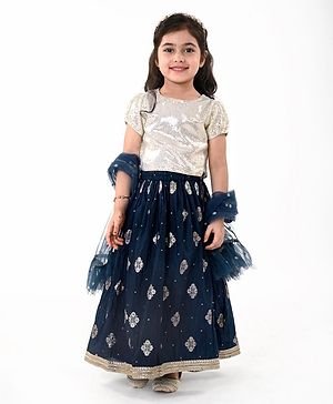Babyhug Half Sleeves Brocade Choli With Georgette Embroidered Lehenga and Dupatta - Navy Blue