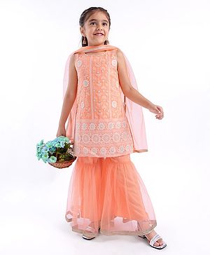 Babyhug Woven Sleeveless Kurti & Sharara Set with Dupatta with Floral Embroidery Detailing - Peach