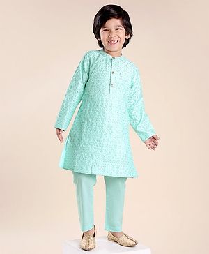 Babyhug Woven Full Sleeves Floral Embroidered Kurta & Pyjama Set - Aqua