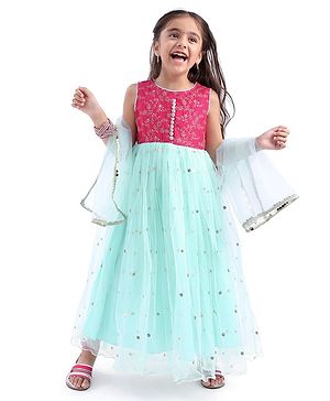 Babyhug Woven Sleeveless Net Embroidered Ethnic Dress - Aqua Blue