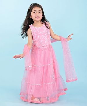Babyhug  Sleeveless Net Embroidered Lehenga Choli and Dupatta Set- Pink