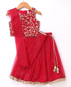 Babyhug Sleeveless Net Embroidered Choli Lehenga and Dupatta Set - Hot Pink