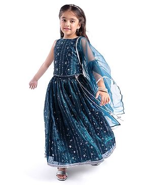 Babyhug Sleeveless Floral Sequins & Embroidery Lehenga Choli with Dupatta Set -   Teal Blue
