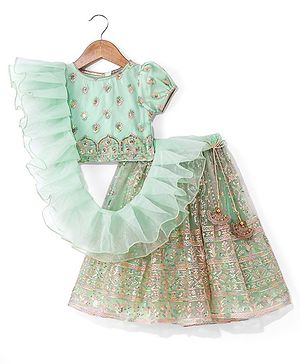 Babyhug Woven Half Sleeves Sequenced Embroidered Lehenga Choli & Dupatta Set - Mint