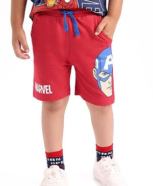 Babyhug Marvel Cotton Knit Shorts With Avengers Graphics - Red