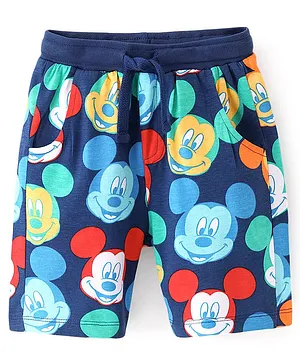 Babyhug Disney Cotton Terry Knit Knee Length Shorts With Mickey Mouse Print - Navy Blue