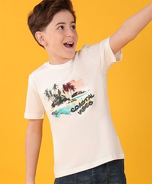 Pine Kids Cotton Half Sleeves T-Shirt With Coastal Vibes Print - Snow White
