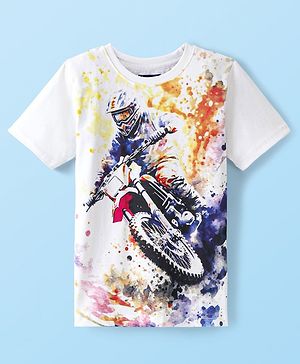 Pine Kids 100% Cotton Knit Half Sleeves T-Shirt Motorcycle Print - Snow White