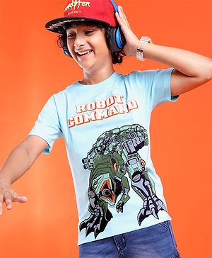Pine Kids  Cotton Knit Half Sleeves T-Shirt with Robot Print - Blue