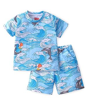 Babyhug 100% Cotton Knit Single Jersey Half Sleeves T-Shirt & Shorts With Dolphin Print - Blue