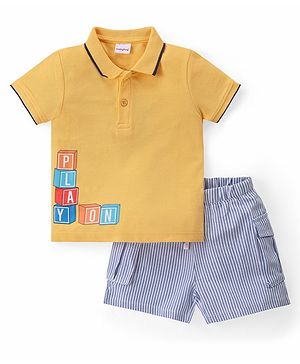 Babyhug Cotton Knit Half Sleeves Text Printed Polo T-Shirt & Striped Shorts Set - Yellow & Blue