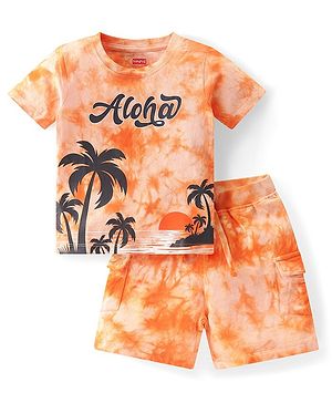 Babyhug Single Jersey Knit Half Sleeves T-Shirt & Shorts Set Beach Theme - Peach