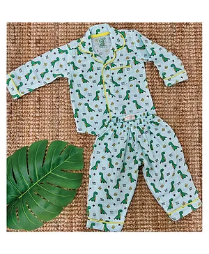 A Toddler Thing Organic Cotton Full Sleeves All Over Dinosaur Printed Coordinating Night Suit - Teal Blue