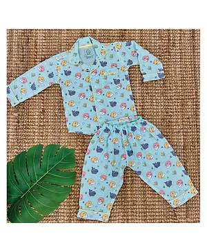 A Toddler Thing Organic Cotton Full Sleeves All Over Dolphin Printed Coordinating Night Suit - Teal Blue