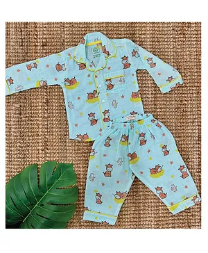 A Toddler Thing Organic Cotton Full Sleeves All Over Hippo Printed Coordinating Night Suit - Teal Blue