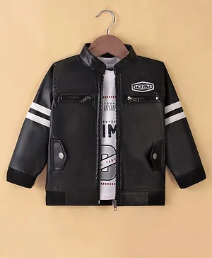 Dapper Dudes Full Sleeves Leather Solid Jacket With Time Out Text Printed Tee - Black