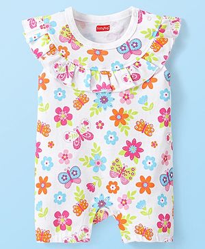 Babyhug 100% Cotton Knit Frill Sleeves Romper Floral & Butterfly Print - White