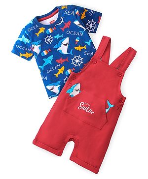 Babyhug 100% Cotton Knit Half Sleeves T-Shirt & Dungaree Set Aquatic Animal Print -Blue & Red