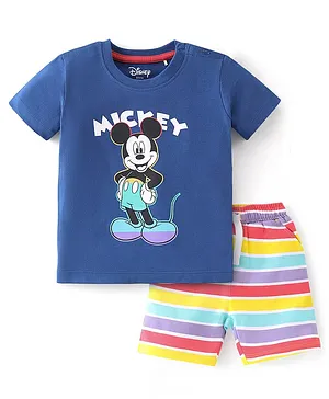 Babyhug Disney Cotton Single Jersey Knit Half Sleeves T-Shirt & Shorts Set Mickey Mouse Graphics - Navy Blue