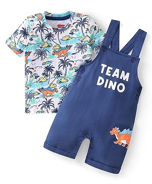 Babyhug 100% Cotton Knit Single Jersey Dungaree & Half Sleeves T-Shirt With Dino Print - White & Blue