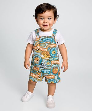 Babyhug Single Jersey Knit Tiger Printed Dungaree & Half Sleeves T-Shirt - White & Multicolor