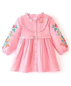 Babyhug Viscose Full Sleeves Floral Embroidered Frock With Cotton Lining - Pink