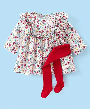 Babyhug Rayon Full Sleeves Frock with Legging Floral Print - White & Red