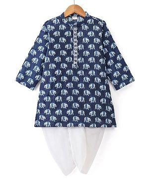 Babyhug 100% Cotton Woven Full Sleeves Kurta Dhoti Set Elephant Print - Indigo