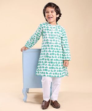 Babyhug Cotton Woven Full Sleeves Elephant Print Kurta & Pajama Set - Green & White