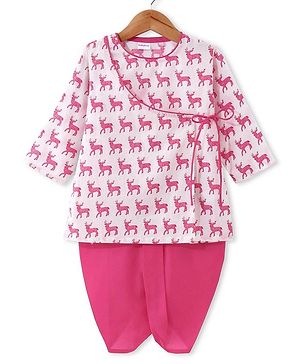 Babyhug Cotton Woven Full Sleeves Angarkha Style Kurta & Dhoti Set Deer Print - Pink