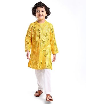 Babyhug Woven Full Sleeves Mirrior Embroide Kurta Payjama Set - Yellow